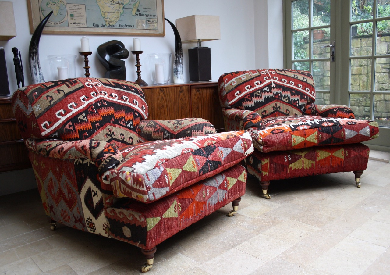 Lansdown Chairs upholstered in Turkish Kilim, Leather Chairs of Bath